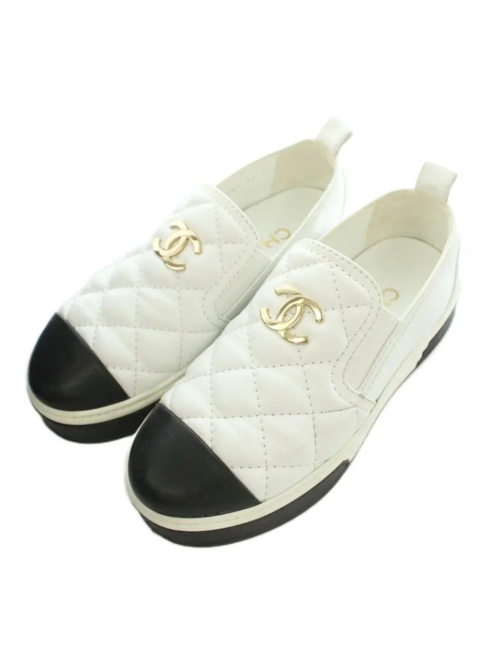 Chanel CC Logo Quilted Leather Slip on Shoes Thick Sole Switch Bicolor White 36